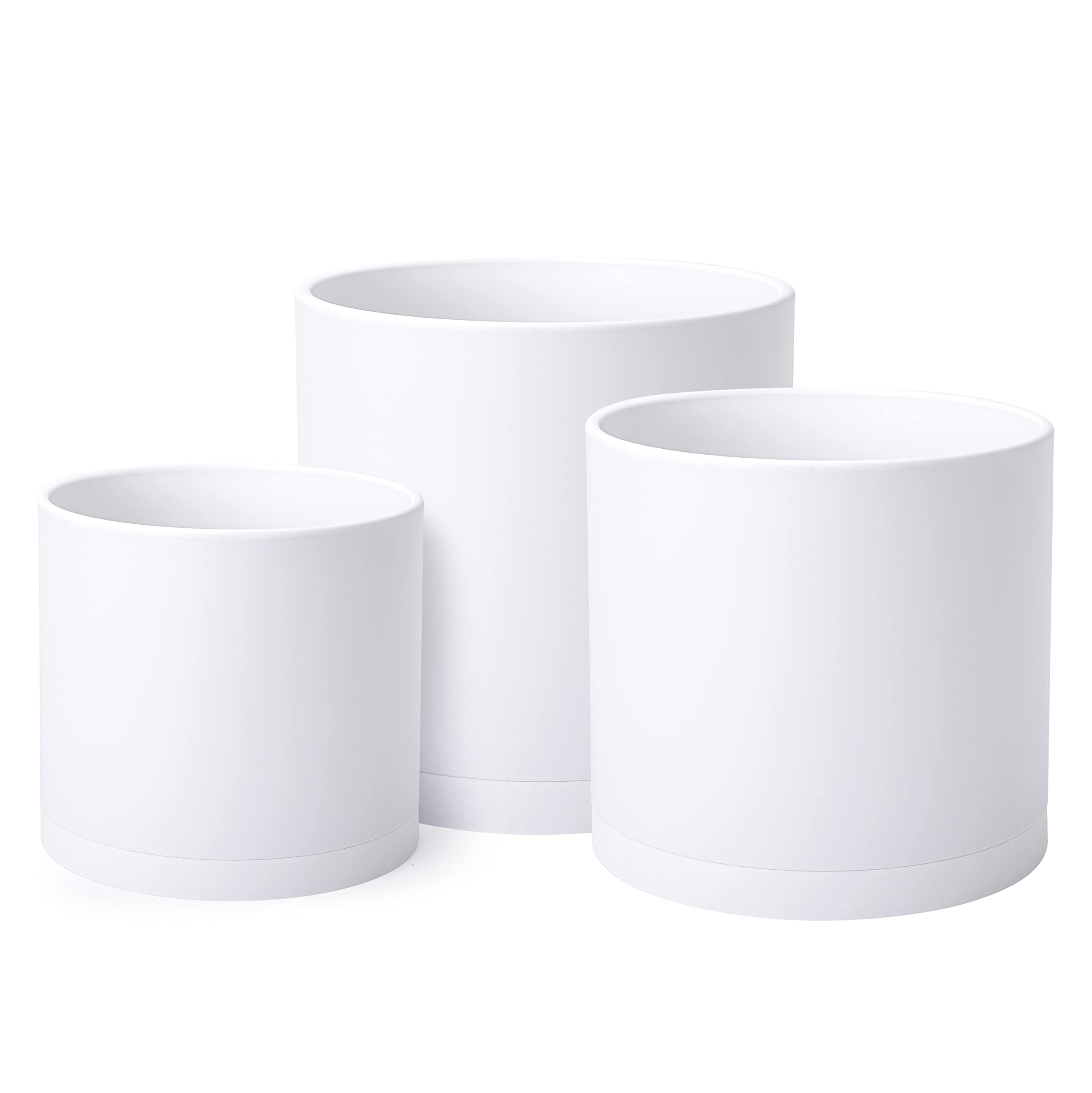 Dev 8 Inch 10 Inch 12 Inch, Set of 3 Plastic Planter Pots for Plants with Drainage Hole and Seamless Saucers, White Color, X-Large, 74-E-XL-1 Massage Lab